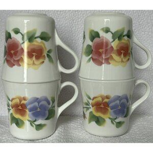 Corning USA Coffee Cups Summer Blush Pansies Pattern c1996-1998 Set Of Four GUC